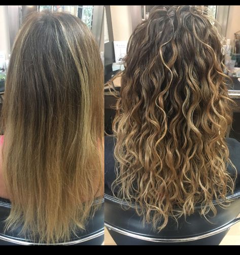 Perm With Thick Hair, Before And After Perms Medium, Spiral Perm For Fine Hair, Wavy Hair Perm Before And After, Hair Perming Before And After, Perms Before And After Medium Length, Long Hair Perms Before And After, Beach Wave Perms Medium, Curl Perm Types For Short Hair