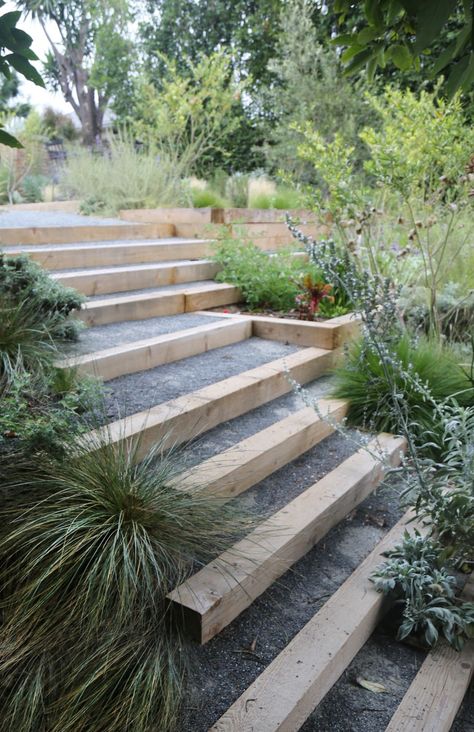 Outdoor Steps Landscaping, Steps In Garden Ideas, Outdoor Garden Steps Ideas, Landscaping Around Stairs, Step Down Garden Ideas, Retaining Wall And Stairs, Stairs Landscape Design, Terraced Steps Landscaping, Wood Garden Steps