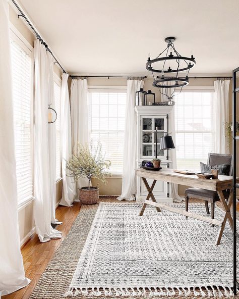 black and white office Layered Rugs Living Room, Layering Rugs, Rug Over Carpet, Jute Rug Living Room, Rug Placement, Expensive Rug, Rug Guide, Rug Dining Room, Layered Rugs