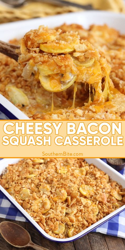 This Squash Casserole recipe is a delicious Southern combination of yellow summer squash, bacon, cheese, and buttery Ritz crackers. Bacon Squash Casserole, Squash And Cheese Recipes, Different Veggie Recipes, Hidden Squash Recipes, Potato And Squash Recipes, Veg All Recipes, Garden Veggie Recipes, Recipes Using Squash, Fresh Squash Recipes