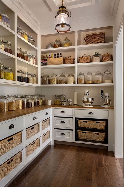 Organize in Style: Farmhouse Kitchen Pantry Ideas - Quiet Minimal Pantry With Kitchen Cabinets, Walk In Pantry With Ladder, Kitchen Pantry With Cabinets, Butlers Pantry Food Storage, Walk In Pantry Shelf Ideas, Custom Pantry Ideas Cabinets, House Design Pantry, Modern Country Pantry, Glass Jars Pantry