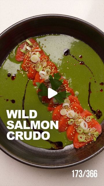 Michael Tchao on Instagram: "Salmon Crudo Recipe [Recipe 👇🏻]

Inspired by @foodmymuse this is a wild salmon crudo that will fill up that gap when you’re looking for something delicious, and a source of omega-3s. It also helps that this is so fresh and light prefect for summer. I’ll be eating this again and again this summer

Green Ingredients sauce :
- 1 handful parsley 
- 1 handful cilantro 
- 1 tsp heaping miso
- 1 tbsp 50% less sodium @sanjtamari tamari 
- 1 tsp mirin 
- 1 tsp sesame oil 
- 2 tbsp water 

Method
1) blend well in a food processor
2) slice salmon
3) layer green sauce on the bottom, then layer the salmon on top
4) garnish with scallions, sesame seeds, chili oil

#crudo #salmon #salmonrecipe #sockeye" Crudo Recipe, Salmon Crudo, Wild Salmon, Green Sauce, Summer Green, Chili Oil, So Fresh, Sesame Oil, Food Processor