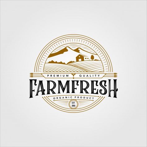 Vintage farm fresh organic product logo ... | Premium Vector #Freepik #vector #logo #line #mountain #typography Mountain Typography, Farm Logo Inspiration, Fresh Logo Design, Farm Logo Design, Logo Illustration Design, Fresh Logo, Wine Logo, Product Logo, Farm Logo