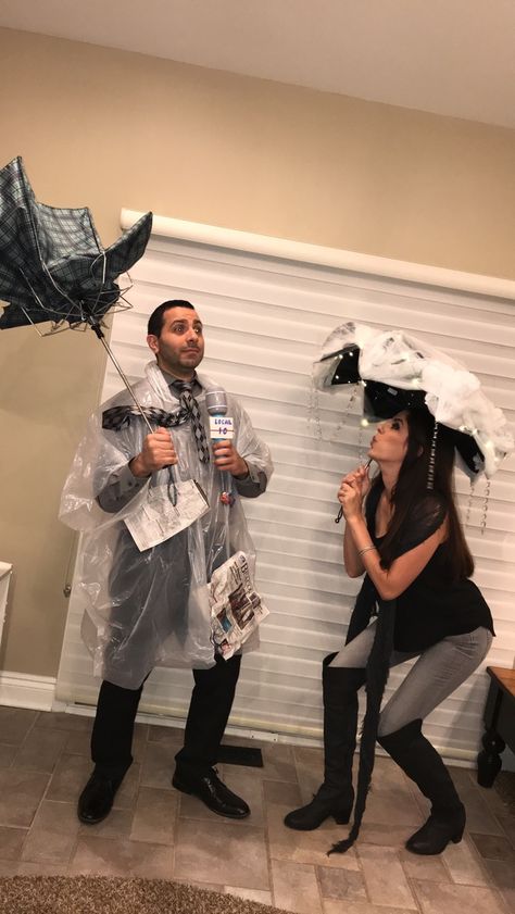 Clever couple’s costume, weather man and storm. #couples #couplescostumes #funny #clevercostumes #weatherman #storm Weather Man Costume, Meteorologist Costume, Thunderstorm Costume, Storm Cloud Costume, Diy Karneval, Storm Costume, Cloud Costume, Clever Costumes, Dress Up Boxes