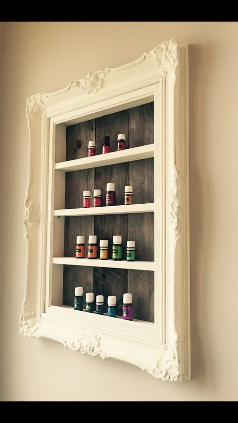 Essential Oil shelving unit. Shelf For Essential Oils, Essential Oil Cabinet, Essential Oil Shelf Diy, Essential Oils Shelf, Ladder Shelf Diy, Essential Oil Rack, Essential Oils Organization, Oil Rack, Oil Shelf