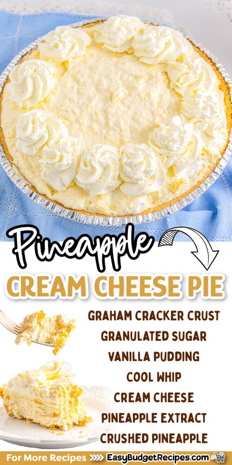 Cream Cheese Pineapple Pie, No Bake Refrigerator Desserts, Pineapple Whipped Cream Dessert, Pineapple Cream Cheese Pie, Rhubarb Pies, Pineapple Cream Cheese, Pineapple Dessert, Pineapple Pie, Pineapple Dessert Recipes