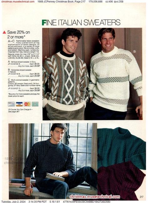 1989 JCPenney Christmas Book, Page 217 - Catalogs & Wishbooks 1985 Clothes, 80s Fashion Magazine, Christmas Outfit Men, Sweater Outfits Men, 80s Men, 90s Men, 80s Sweater, 80s Mens, Christmas Book