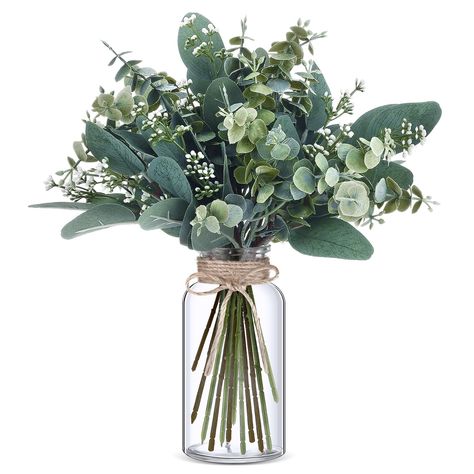 PRICES MAY VARY. Package Included: our artificial eucalyptus includes 10 artificial oval eucalyptus leaves stems with white seed stems and 10 green artificial eucalyptus leaf stems and 1 clear glass vase with twine drawstring decoration, this convenient the packaging allows you to use these mixed artificial eucalyptus stems to brighten your space, and the included glass bottle adds to your decoration Durable Material: these artificial eucalyptus stems are made of plastic, imitating the texture a Sage Green And Grey Wedding Centerpieces, Eucalyptus In Bathroom Decor, Sage Green Table Centerpieces, Sage And Gold Table Decor, Simple Farmhouse Wedding Table Decor, Baby’s Breath Center Piece Simple, Eucalyptus Room Decor, Outside Wedding Centerpieces, Simple Elegant Centerpieces Round Tables