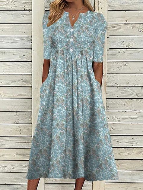 2023 Trend Outfits Casual Floral Dress, Marine Uniform, Floral Dress Casual, Floral Dresses Short, Cotton Blends Dress, V Neck Midi Dress, Pleated Midi Dress, Loose Dress, Types Of Dresses