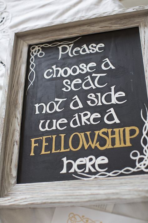 In case you were looking for a kick-ass program alternative or just a fun wedding welcome sign, this geeky Lord of the Rings-inspired chalkboard sign wins. As a take on the trendy “Choose a s… Hobbit Wedding, Lotr Wedding, Wedding Hacks, Nerd Wedding, Geeky Wedding, Nerdy Wedding, Pagan Wedding, Geek Wedding, Arch Decoration Wedding