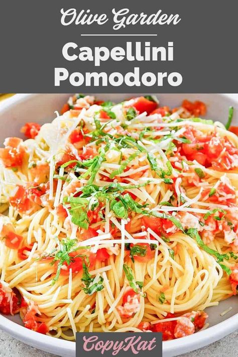 Olive Garden Capellini Pomodoro is a delicious pasta dish with fresh tomatoes, garlic, basil, and parmesan cheese. Get the easy copycat recipe and find out how to make the best Capellini Pomodoro for dinner. This light Italian pasta dish is perfect for a quick and easy weeknight meal. Cappelini Pomodoro, Cappellini Pomodoro, Capellini Pasta Recipes, Pomadora Sauce, Italian Recipes For A Crowd, Tomatoes Pasta Recipes, Capellini Recipes, Capellini Pomodoro Recipe, Cappellini Pasta