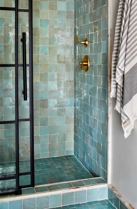 Gorgeous teal Zellige tile in a shower space Turkish Tiles Bathroom, Black Frame Glass Partition, Shower With Black Frame, Turkish Bathroom Ideas, Blue Shower Tile, Tile Walk In Shower, Teal Tile, Turkish Bathroom, Tiny Bath