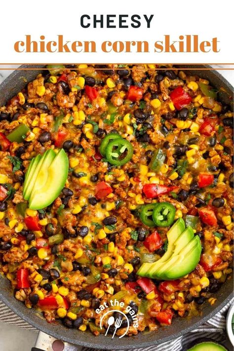 This cheesy chicken and corn skillet combine ground chicken, fresh sweet corn, veggies, black beans, spices, and cheese for a delicious one-pan meal. Ready in 30 minutes and packed with protein, complex carbs, and fiber. Recipes With Black Beans And Corn, Corn Skillet, Healthy Skillet Meals, Chicken And Corn, Veggie Skillet, Chicken Fresh, Chicken Protein, Chicken Skillet Recipes, Complex Carbs