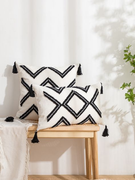 Black and White Modern Collar  Fabric Geometric Pillowcases Embellished   Home Decor Tassel Pillow, Geometric Embroidery, Tassels Decor, Pillowcase Pattern, Tufted Cushion, Decorative Throw Pillow Covers, Throw Pillow Cases, Sofa Decor, Decorative Throws