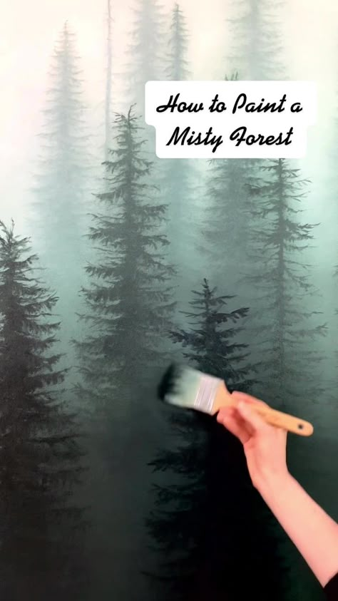 How To Paint A Forest Wall Mural, Misty River Painting, Painting Tree On Wall, Painting Pine Trees On Walls, Acrylic Misty Forest Painting, Misty Forest Drawing, Misty Forest Wall Mural, How To Paint Misty Trees, Abstract Pine Tree Painting