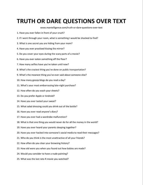 True Or Dare Questions, Dare Questions Over Text, Good Truth Questions, Funny Truth Or Dare, Funny Dares, Truth Questions, Truth Or Truth Questions, Fun Dares, Truth Or Dare Games