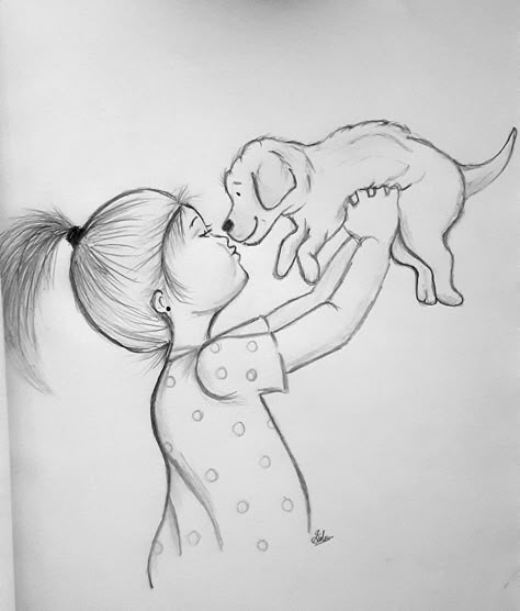 Cute girl with puppy Girl With Dog Drawing, Mehandi Drawing, Dog Pencil Sketch, Magazine Drawing, Dog Pencil Drawing, Pencil Sketches Easy, Drawing Anime Bodies, Basket Drawing, Pencil Drawings Of Animals