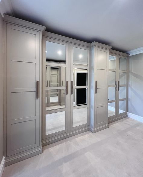 Dressing room goals? A recent walk through dressing room we designed, made and installed at our Newmarket project. The @hendelandhendel handles really finish this one off 😍 We also worked on the vanity in the en suite this impressive space leads to, which we can’t wait to share. #dressingroom #fittedwardrobes #interiordesign #renovation #goals #homedesign #inspohome #suffolk Grey Dressing Room, Slaked Lime Dark, Little Greene French Grey, Grey Rooms, French Grey Paint, Slaked Lime, Dark Chocolate Color, Masonry Paint, Grey Paint