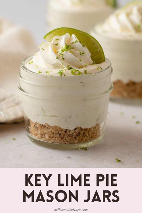 These Key Lime Pie Mason Jars are an easy no bake recipe that you can prepare ahead of time. Everyone will love the sweetness and tanginess of the lime filling and they are so darn cute too. I've made things extra quick and easy for you by opting for bottled lime juice in the filling and a simple 3-ingredient graham cracker crust. No Bake Key Lime Pie Parfaits, Keylime Dessert, Mexican Apps, Pie Jars, No Bake Key Lime Pie, Lime Dessert Recipes, No Bake Key Lime, Key Lime Recipes, Nobake Dessert