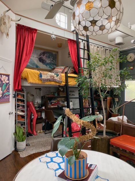 Loft Bed Studio, Loft Spaces Upstairs, Loft Bed Studio Apartment, Cubby Decor, Loft Bed Curtains, Small Loft Apartments, 2023 Decor, Apt Decor, Studio Loft