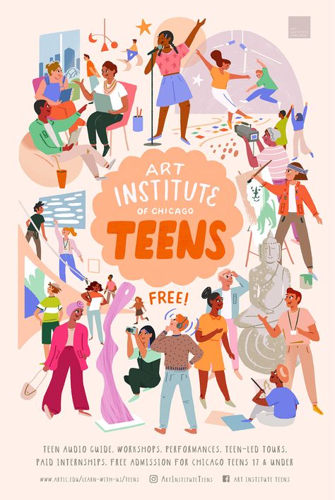 Teen Posters, Illustrated Poster, Teen Programs, Desain Editorial, Event Poster Design, Art Programs, People Illustration, Art Institute Of Chicago, Event Poster