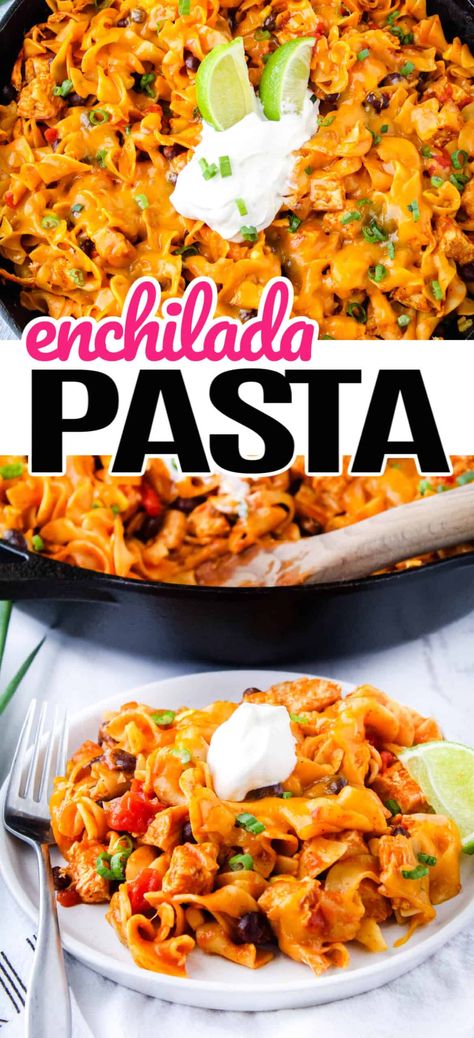 Enchilada Pasta is a quick one-pot dish your family will love! This Mexican-inspired pasta is loaded with corn, black beans, and egg noodles with a touch of spice! #RealHousemoms #enchilada #pasta #onepotmeal #eggnoodles #texmex #easydinner Recipes Using Egg Noodles, Beef Enchilada Pasta, Egg Noodle Dishes, Rotisserie Chicken Enchiladas, Lasagna Dinner, Chicken Enchilada Pasta, Creamy Enchilada, Chicken And Egg Noodles, Crockpot Chicken Enchiladas