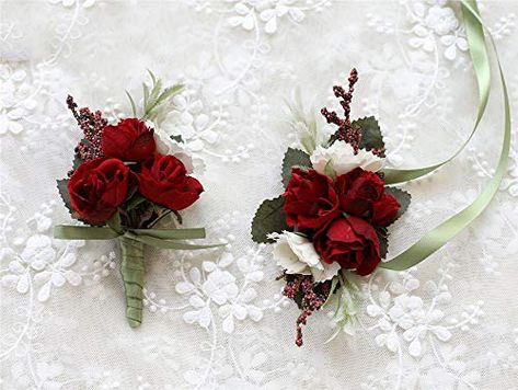 Prom Corsage Red, Rose Corsage And Boutonniere, Formal Corsage, Aquarium Wedding Decorations, Hoco Flowers, Red Rose Boutonniere, Hoco 2022, Red Corsages, Corsage Flowers