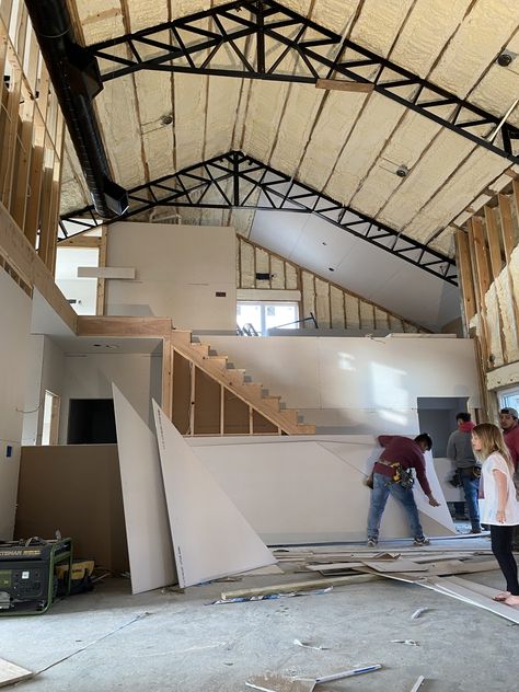 Exposed Metal Trusses, Exposed Spray Foam Ceiling, Painted Spray Foam Insulation Ceiling, Spray Foam Ceiling, Pole Barn Trusses, Diy Barndominium, Diy Spray Foam, Barndo House, Exposed Trusses