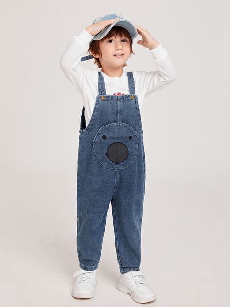 Medium Wash Preppy  Sleeveless Denim Cartoon Overall  Non-Stretch  Toddler Boys Clothing Dungaree For Kids, Overalls Boy, Dungaree Outfit, Cute Overalls, Embroidery Denim, Boys Cartoon, Stylish Kids Outfits, Jeans Overall, Salopette Jeans