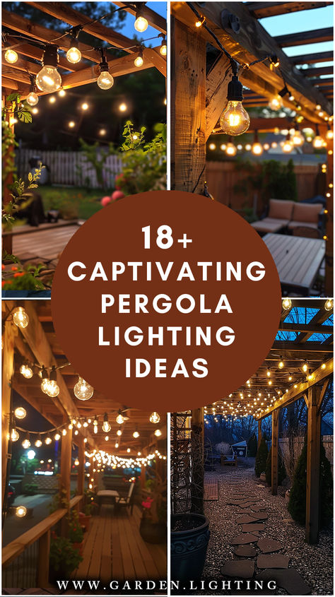 a collage of photos of a pergolia lighting idea Pergola Lighting Ideas, Hanging Patio Lights, Gazebo Lighting, Hanging String Lights, Outdoor Fairy Lights, Backyard Garden Landscape, Modern Pergola, Pergola Lighting, Patio String Lights