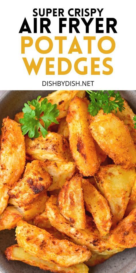 Big on flavor, these crispy air fried potato wedges are golden and crispy outside, and super soft inside. Gluten-free, dairy-free and vegan. | gluten-free air fryer recipes | crispy potato wedges Jo Jo Potatoes Wedges Air Fryer, Airfried Crispy Potatoes, Air Fryer Wedges, Air Fried Potato Wedges, Air Fryer Potato Recipes, Golden Potato Recipes, Fried Potato Wedges, Air Fryer Potato Wedges, Homemade Potato Wedges