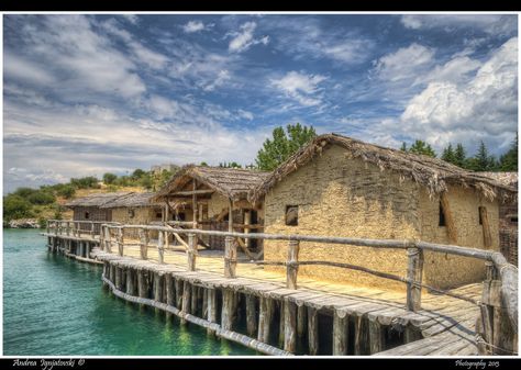 Museum on Water archaeological complex, Bay of Bones, Ohrid, Macedonia. Authentic reconstruction of the pile-dwelling settlement dating back 1200 BC ✯ ωнιмѕу ѕαη∂у Pile Dwelling, Lake Ohrid, Ohrid Macedonia, Deer Horns, Stone Tools, Living Place, Wooden Houses, Best Build, World Pictures