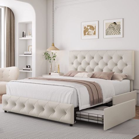 Modern Upholstered Beds, Storage Bed Queen, White Apartment, Upholstered Storage Bed, Bed Frame With Drawers, Led Bed Frame, Velvet Upholstered Bed, Full Size Bed Frame, Cama Queen