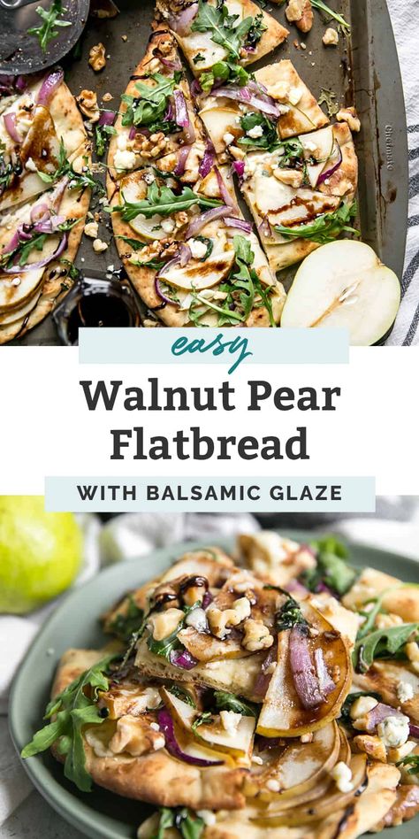 Walnut Pear Flatbread is a gourmet pizza recipe that’s super easy and delicious! This vegetarian flatbread can be made in just 20 minutes and is perfect for a Meatless Monday dinner, snack, party appetizer and more. It’s so simple to make with caramelized onions, gorgonzola and finished with balsamic glaze. Gluten free friendly and could be dairy free with a nondairy cheese. #flatbread #pears #recipe #healthy Flatbread Balsamic Glaze, Pear Flatbread Pizza, Pear Arugula Flatbread, Dairy Free Flatbread Pizza, Pear And Gorgonzola Flatbread, Mediterranean Diet Flatbread, Pear Gorgonzola Flatbread, Veggie Flatbread Recipes, Gf Flatbread Recipes