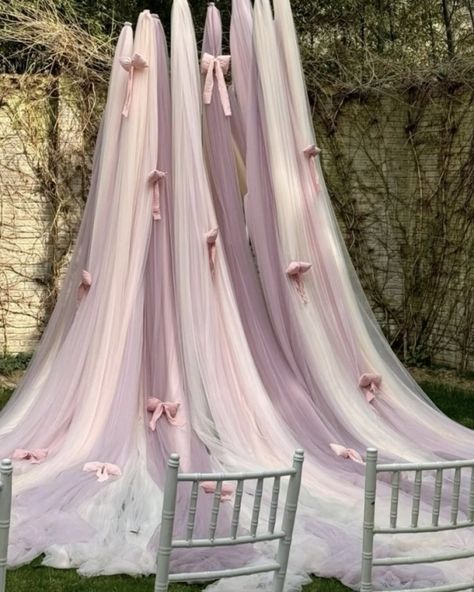 30 Ceremony Backdrop Ideas | Creative Ideas For Your Ceremony Background Bow Wedding Details, Ribbon Party Decor, Coquette Party Decor, Coquette Wedding Aesthetic, Bow Backdrop, Backdrop Ideas Photography, Ceremony Backdrop Ideas, Ribbon Ceiling, Wedding Ceremony Backdrop Diy