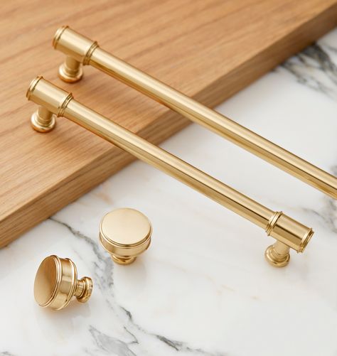 Ladd Drawer Pull | Rejuvenation Rejuvenation Cabinet Hardware, Remodel On A Budget Diy, Brass Kitchen Fixtures, Gold Kitchen Hardware, Brass Kitchen Hardware, Gold Cabinet Hardware, Decor Kitchen Ideas, Chef Kitchen Decor, Bedroom Closet Storage