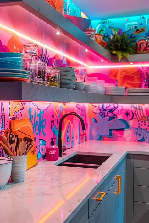 17 Funky Kitchen Ideas You Will Love! - My Decor Inspo Fun Kitchen Accessories, Funky Cafe Design, Funky Kitchen Island, Vaporwave Kitchen, Cool House Decor, Neon Maximalist, Colourful Minimalism, Funky Kitchen Ideas, Pop Art House