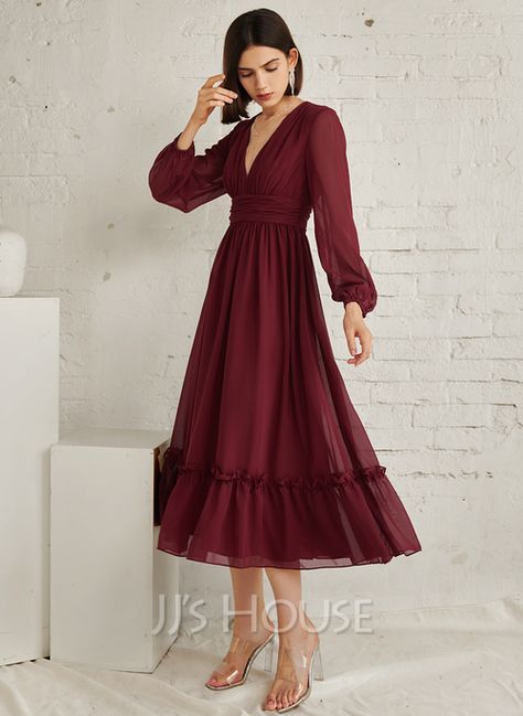 Dark Red Midi Dress, Cocktail Dress Modest, High Tea Dress, Fall Color Dresses, Fall Wedding Outfits, Informal Wedding Dresses, Tea Length Bridesmaid Dresses, Long Sleeve Bridesmaid Dress, Formal Wedding Guest Dress