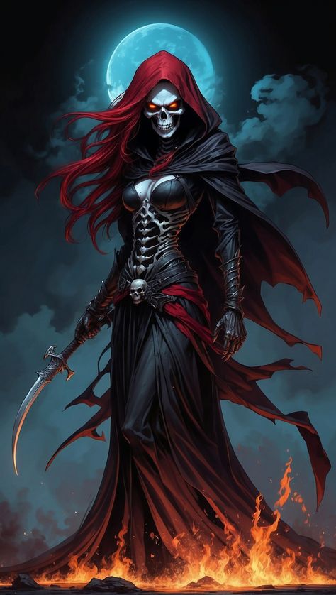 La Femme Reaper Grim Reaper Design Concept Art, Female Reaper Art, Grim Reaper Woman, Reaper Woman, Girl Grim Reaper, Red Grim Reaper, Female Reaper, Female Grim Reaper, Sorceress Art