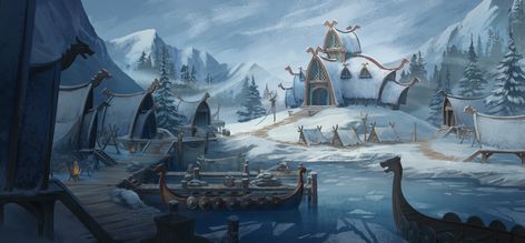 ArtStation - Viking Village Viking Town Concept Art, Viking Village Concept Art, Fantasy Viking Village, Viking Rpg, Viking Landscape, Viking Kingdom, Viking Background, Viking City, Viking Town