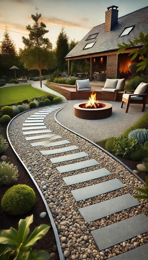 Stoep Decor Ideas, Backyard Gravel Ideas, Backyard Ideas Simple, Fire Pit Ideas Backyard, Backyard Fire Pit Ideas, Cottage Backyard, Simple Landscaping, Backyard Ideas On A Budget, Garden Fire Pit