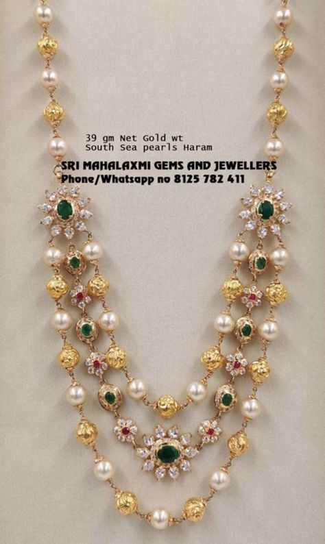 Layered gold balls, pearls and cz necklace photo Latest Indian Jewellery, 22 Carat Gold Jewellery, Pearl Jewelry Design, Gold Jewelry Simple Necklace, Beautiful Gold Necklaces, Pearl Necklace Designs, Gold Necklace Indian Bridal Jewelry, Beaded Necklace Designs, Gold Jewelry Stores