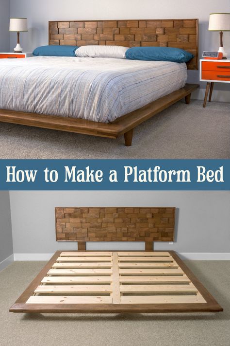 Rustic Platform Bed Diy, Diy Platform Bed Frame, Queen Bed Frame Diy, Making A Bed Frame, Rustic Platform Bed, Wood Bed Frame Diy, Diy Wood Headboard, Bed Frame Plans, Simple Bed Designs