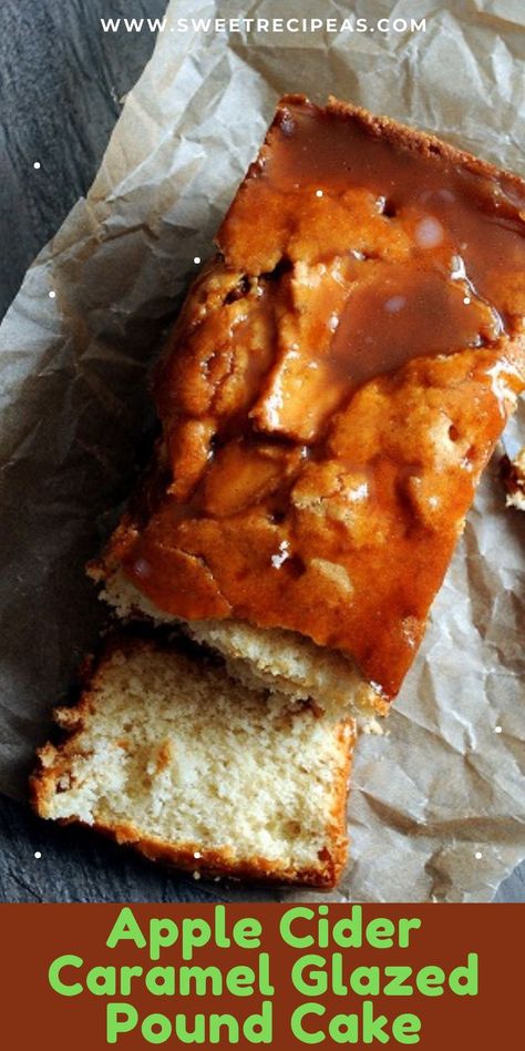 This Apple Cider Caramel Glazed Pound Cake is a spiced apple cider pound cake all topped with a rich and gooey caramel glaze. Perfect for a fall day. For more recipes follow me here on Pinterest. Apple Cider Pound Cake, Glazed Pound Cake, Apple Cider Caramel, Pound Cake Glaze, Gooey Caramel, Apple Cider Caramels, Caramel Glaze, Spiced Apple Cider, Pound Cake Recipes