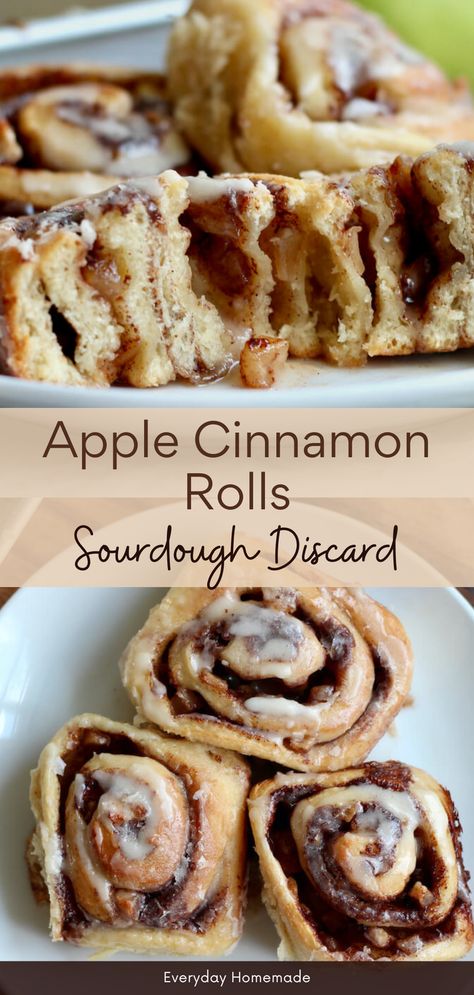 Indulge in these Sourdough Discard Apple Cinnamon Rolls, a cozy fall breakfast or dessert! This recipe uses sourdough starter discard with no yeast, making it easy and delicious. Filled with sweet sautéed apples and cinnamon, these rolls are perfect for capturing the flavors of the season. Caramel Apple Sourdough Cinnamon Rolls, Sourdough Apple Cider Cinnamon Rolls, Apple Sourdough Cinnamon Rolls, Sourdough Discard Apple Pie, Sourdough Discard Sticky Buns, Sough Dough Starter Recipes, The Feathered Nester Sourdough, Cinnamon Rolls With Sourdough Discard, Sourdough Discard Recipes With Apples