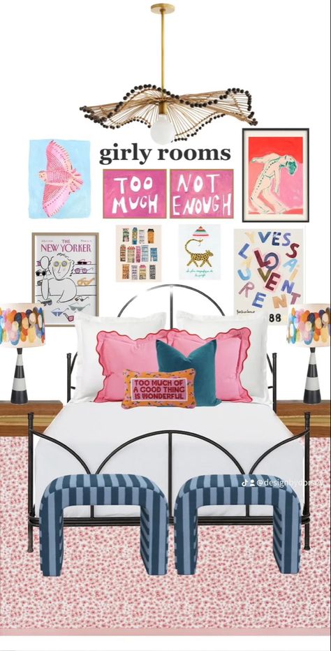 Bedding Ideas Preppy, White And Colorful Bedroom, Bedroom Tall Ceilings, Bedroom Inspo Simple, College Girl Apartment Bedroom, Room Inspo For Small Rooms, Teen Room Inspiration, Room Inspo Colorful, Eclectic Maximalism Bedroom