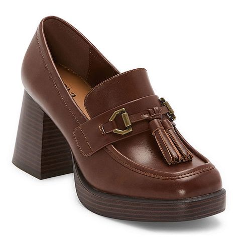 a.n.a Womens Hazen Loafers, Color: Dark Cognac - JCPenney Brown High Heel Loafers, High Heel Loafers, High Block Heels, Halloween Costumes To Make, Cute Professional Outfits, Heel Loafers, Loafers Outfit, Loafers Brown, Timeless Shoes