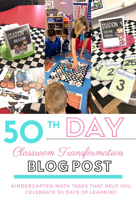 See how to simply transform your room 50s style for the 50th day of school. This is a kindergarten classroom transformation.  It includes tasks that will lead to engagement and collaboration between students. The tasks described in this blog post are math based.  #50daysofschool #activities #kindergarten #classroomtransformation #50sday #classroomcelebration 50th Day Of School Room Transformation, 50th Day Of School 50s Theme, 50 Day Of School Activities, 50s Day Activities Kindergarten, 50th Day Of School Activities Preschool, 50 Th Day Of School Activities, 50s Day Activities, 50 Days Of School Ideas Kindergarten, 50th Day Of School Preschool