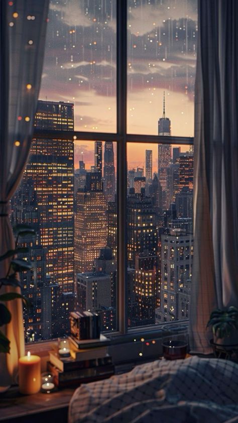 Glass Apartment Aesthetic, Big Window Aesthetic, Cozy Rainy Night Aesthetic, Hotel Window View, Window View City, Window View Night, Wall Pepper, City Bedroom, Window Views