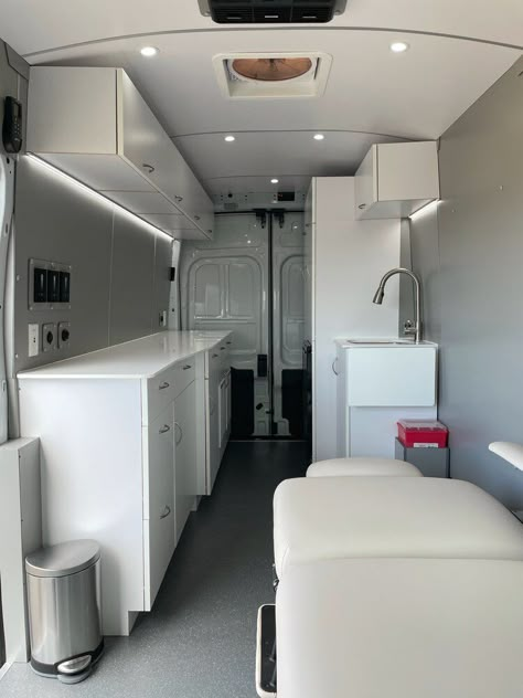 Mobile Medical Van Conversion - Contravans Mobile Van Design, Esthetician Mobile Spa, Medical Spa Room Design, Mobile Massage Truck, Mobile Facial Spa Ideas, Business Van Design, Mobile Dental Van, Mobile Medical Clinic, Mobile Med Spa